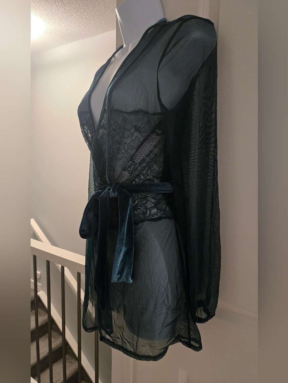 La Senza Sheer Lace Velvet Robe In Dark Emerald Green - Picture 3 of 14
